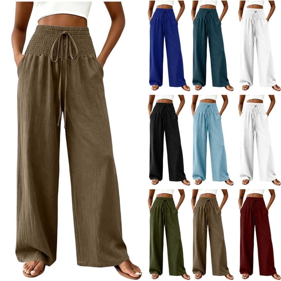 Cutuoiiu Pants for Women Solid Color Loose Wide Leg Casual Pants Smocked High Waist with Drawstring Side Pocket Lightweight Spring Fall Summer Beach Daily Wear