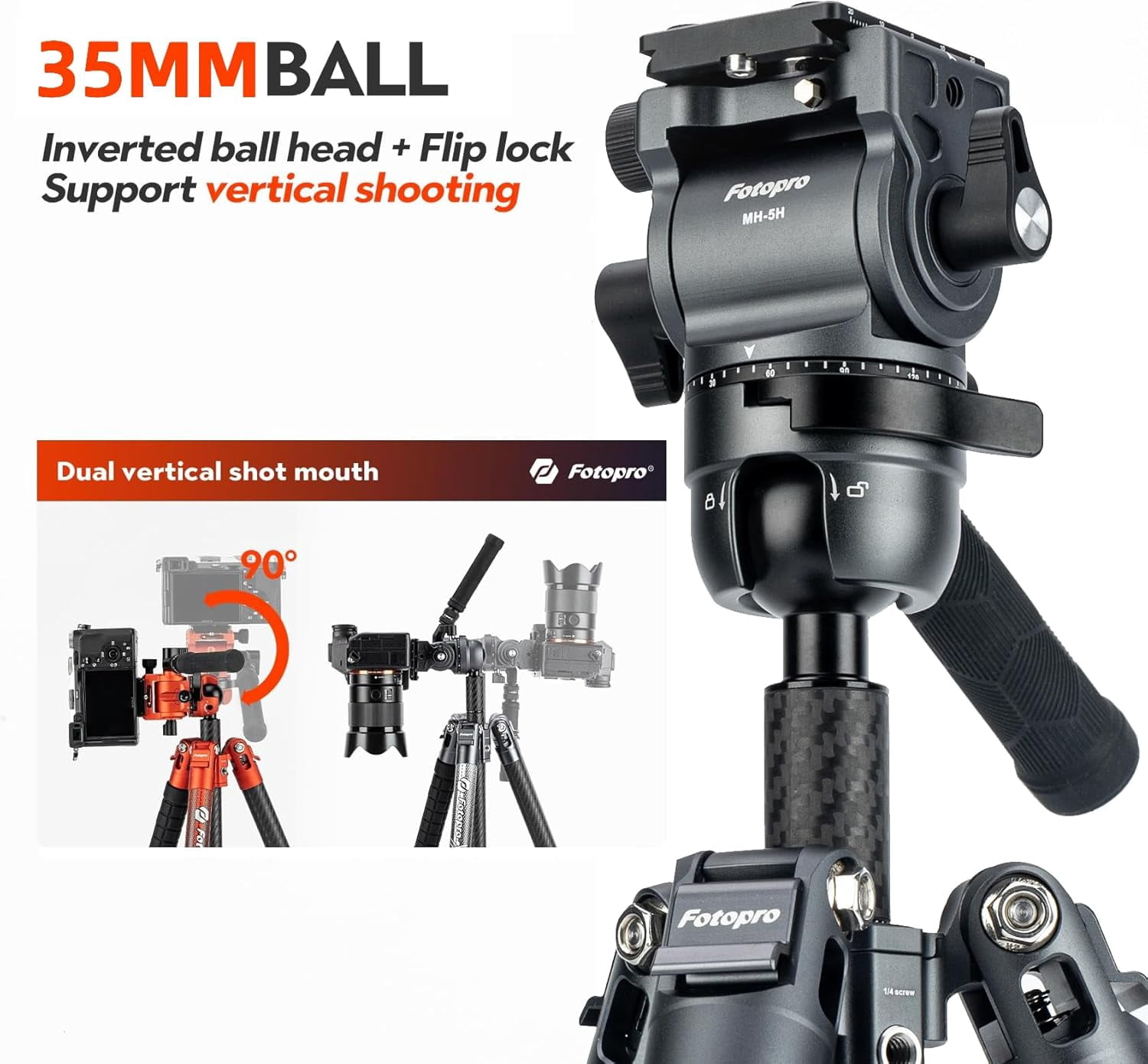 Fotopro X-Airfly Max Video 67.3" Carbon Fiber 2-in-1 Tripod and Monopod, Ball Head & Fluid Head, 4-Sec Lightweight Camera Tripod Stand, Macro Photography, Hidden Phone Clip, Max Load 13 lbs, Grey