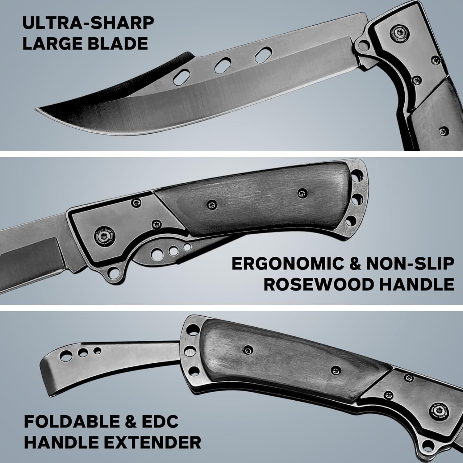 12.7" Lar Folding Knife Tactical Knives with Ebony Handle and Sheath - 7.2" Long Blade Big Pocket for Men EDC Survival Hunting Camping Hiking Tools ()