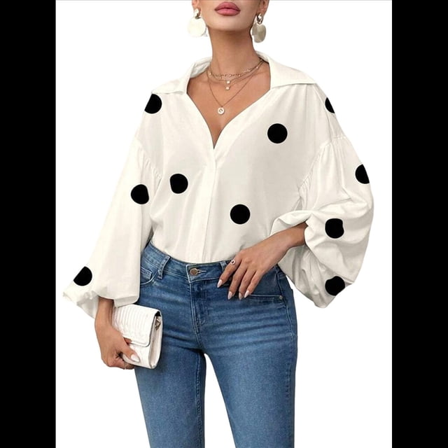 Blusa Holgada de Larga con Cuello Semiabierto y Lunares Franceses para Mujer Lunares Color Albaricoque M