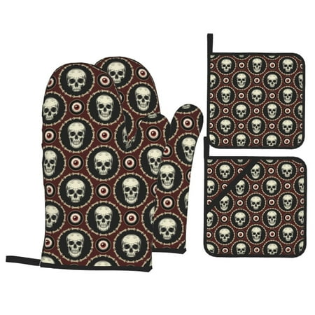 

Oven Mitts and Pot Holders 4 Piece Skulls And Red Eyeballs High Heat Slip Resistant Oven Mitt and Trivets Set Kitchen Oven Glove Pot Holders for Cooking Baking Grilling