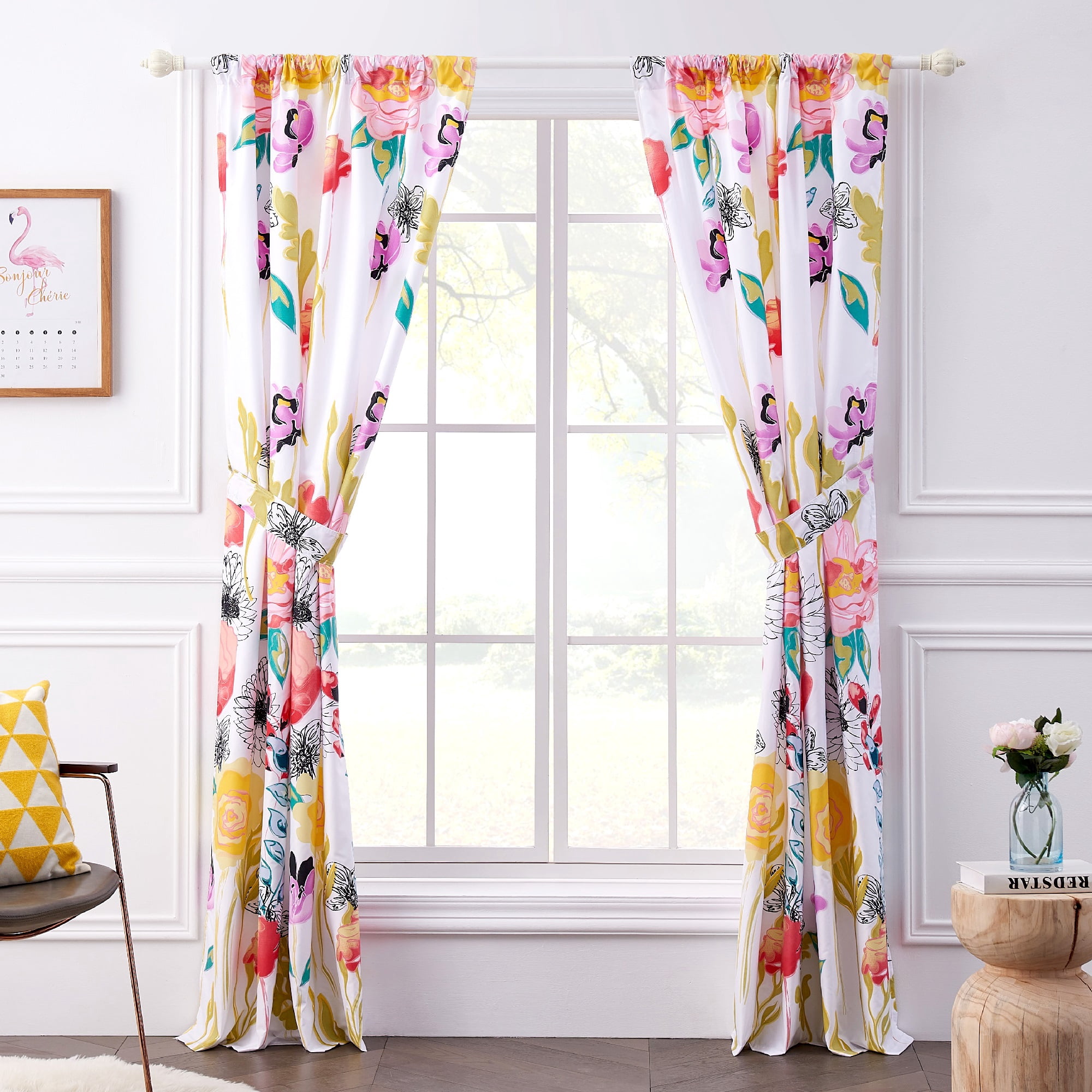 Global Trends Wildflower Delight Contemporary Curtain Panels, Set of 2, White, 84-inch Long