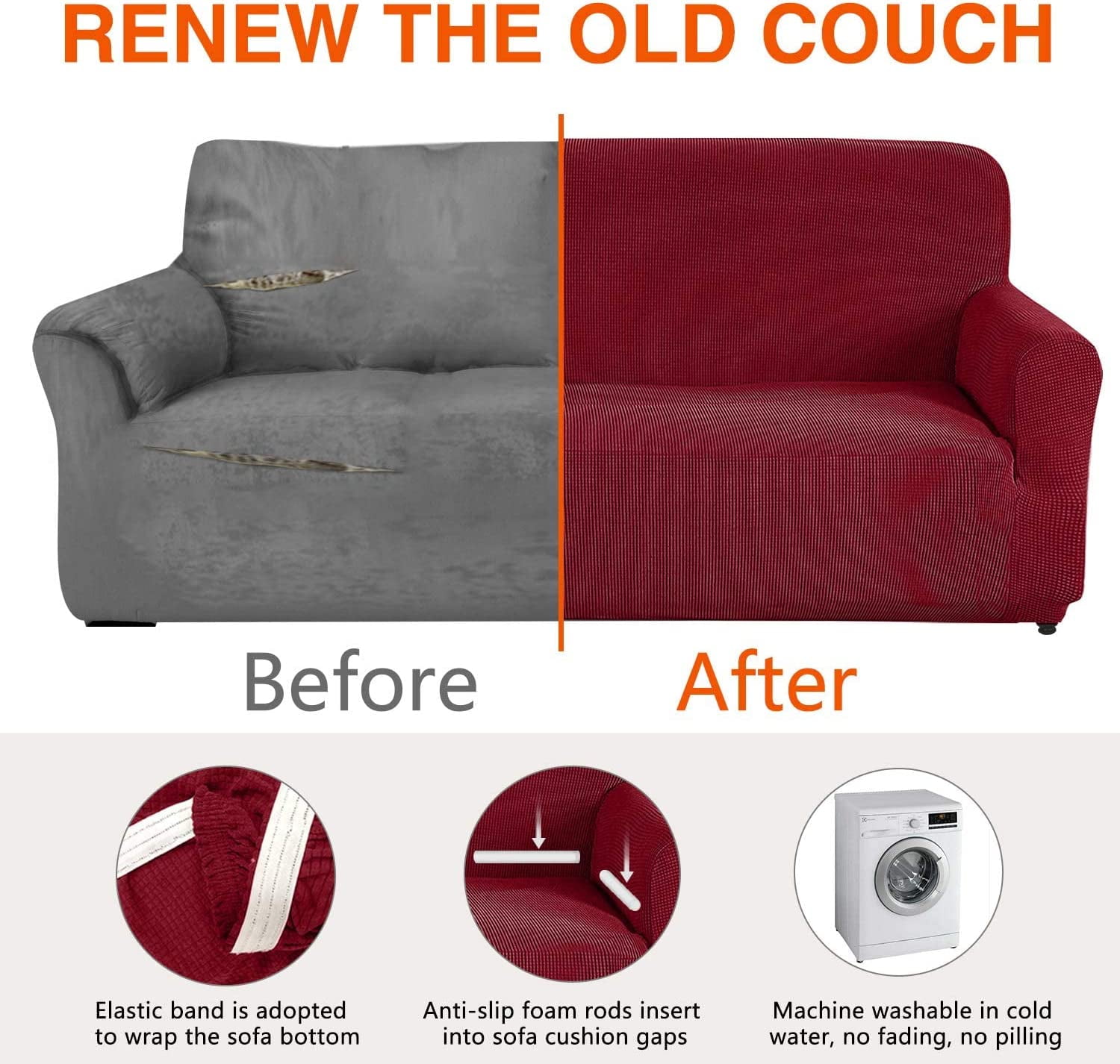 Nvzi Stretch Loveseat Couch Cover Waterproof Sofa Covers for 2 Cushion Couch, Dog Cat Pet Proof Love Seat Slipcover Jacquard Furniture Protector with Elastic Bottom (Loveseat, Wine Red)
