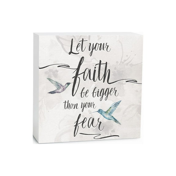 Faith Bigger Than Fear White Hummingbird 5 x 5 Wood Tabletop Sign Plaque