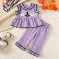 thumbnail image 2 of Vdoaml Toddler Halloween Printed Outfit 2Pcs Little Girls Gingham Sleeveless Top Pants Set Kids Fall Casual Clothes 18-24 Months Purple, 2 of 4