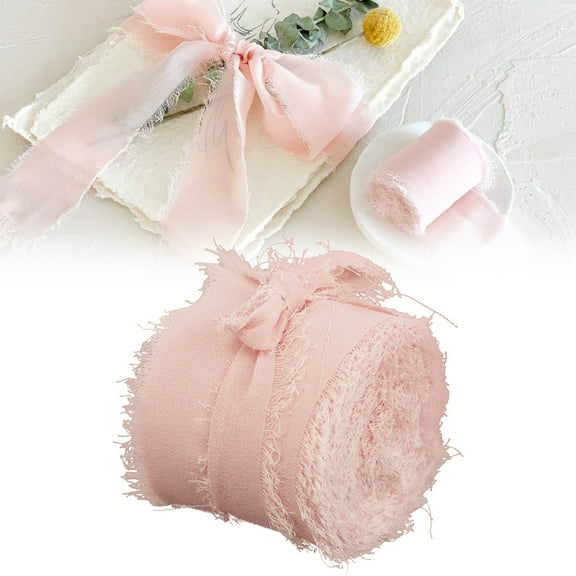 YAZHPA 5 Yards Frayed Edged Chiffon Silk Ribbon Bouquets for Wedding Invitations, Bridal Bouquets,Gift Ribbon,Craft DIY Decor-Pink