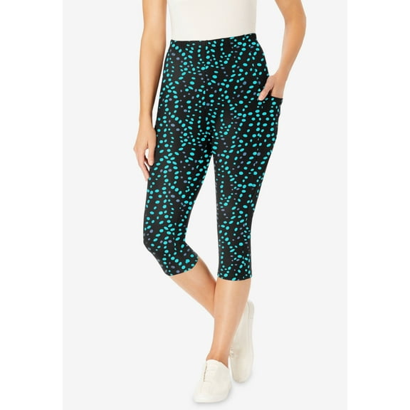 Woman Within Plus Size Stretch-Cotton Knit Pull-On Printed Pocket Capri Leggings