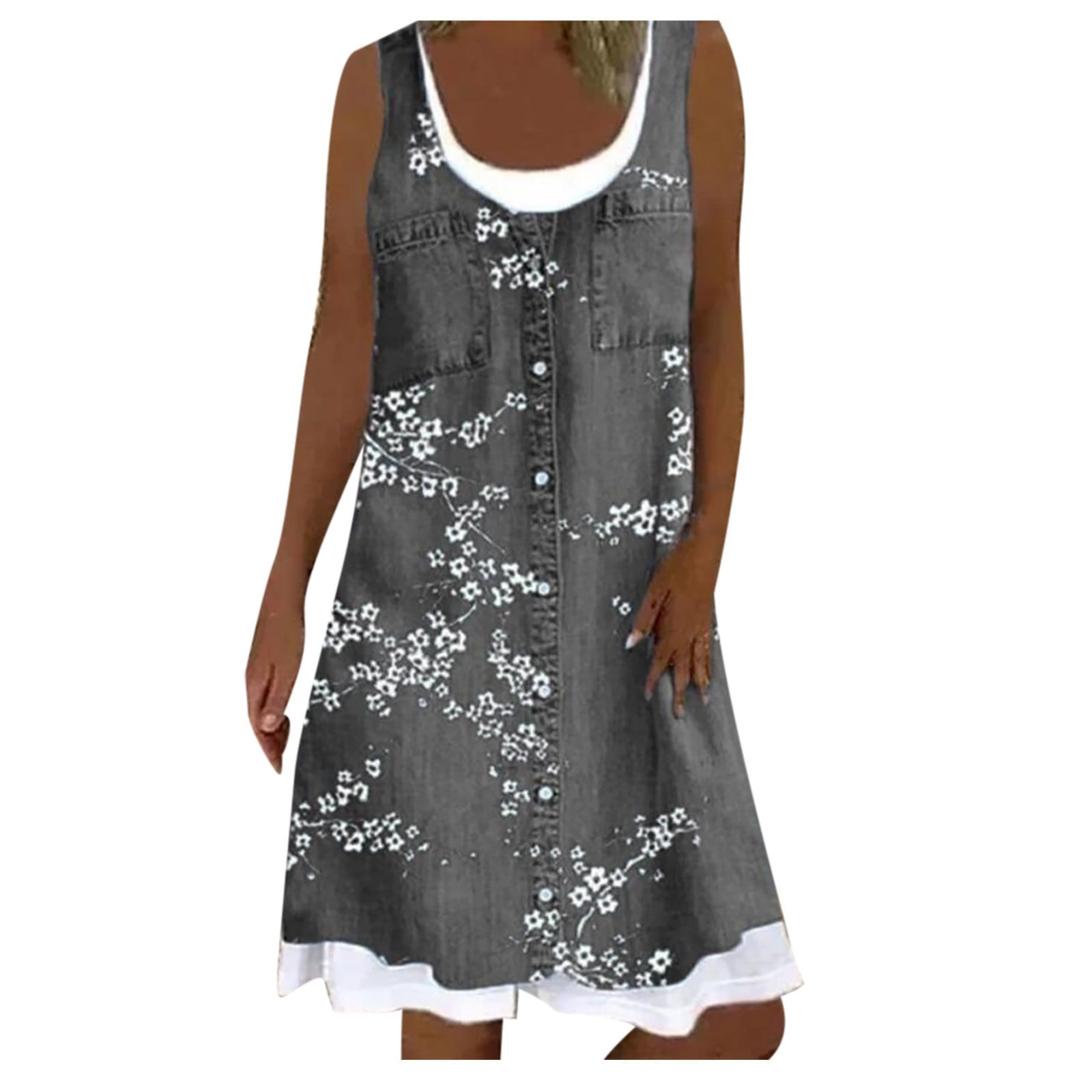 Womens Sleeveless Summer Dress Floral Print Denim Simulation Button Up ...