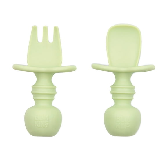 Bumkins Baby Feeding Chewtensils, Training Fork and Spoon Set, Utensils Ages 6 Mos  Sage