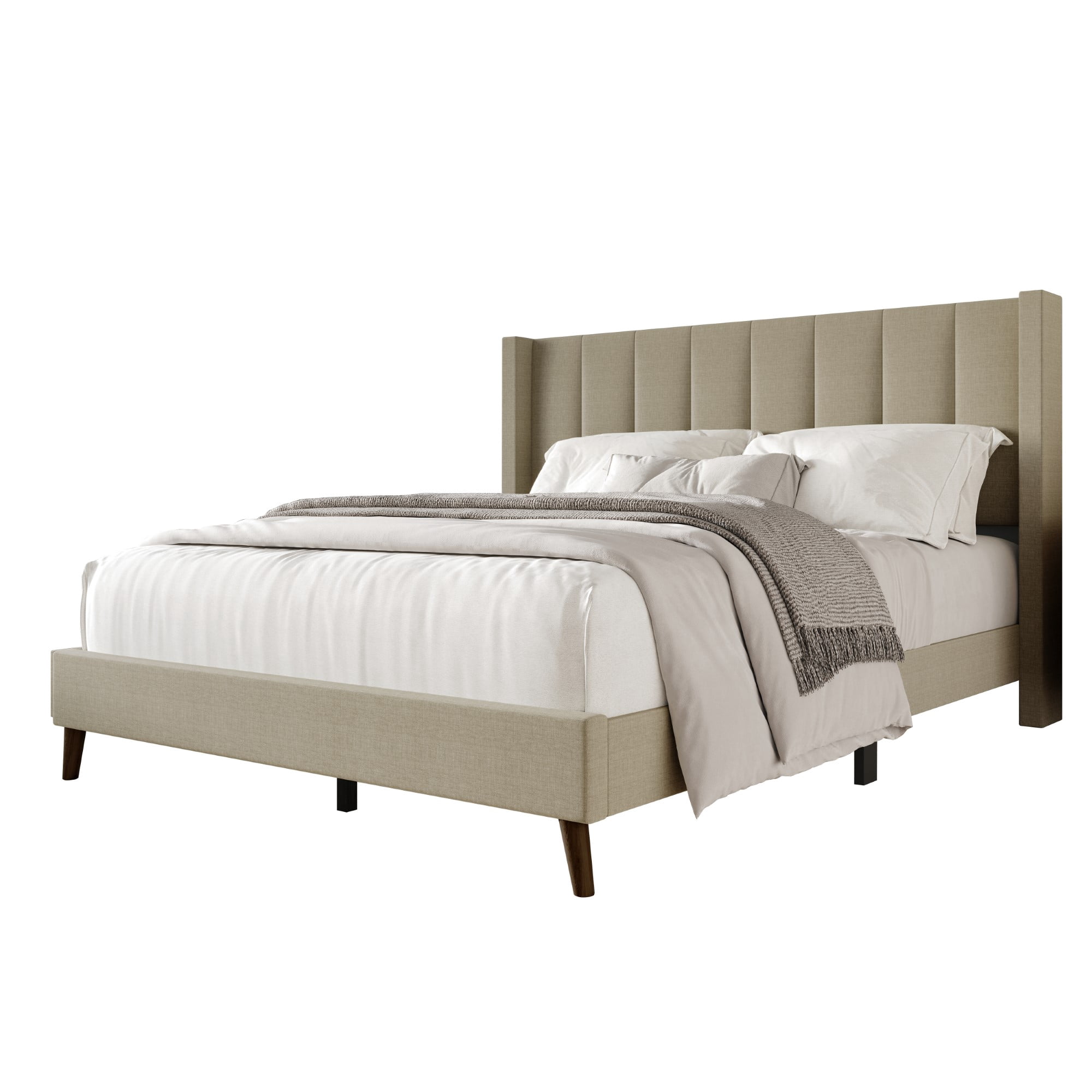 Home Design Cranston Full Upholstered Panel Bed with Wingback Headboard and Vertical Channel Tufting, Dark Beige, Easy Assembly