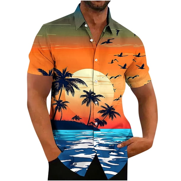 Camisas de Manga Larga para Hombres Impresión Botón Cuello de Vuelta Blusa Casual, Hombre de Manga Corta Botón Abajo Camisas