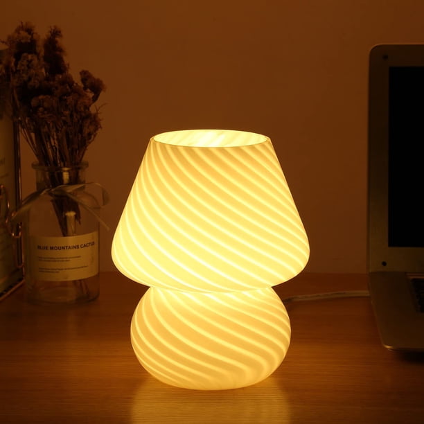 Lámpara de hongo, lámparas de mesita de noche de mesa de vidrio, estilo vintage translúcido a rayas, decoración de hongo de noche pequeña, remolino de luz para ambiente, (raya blanca)