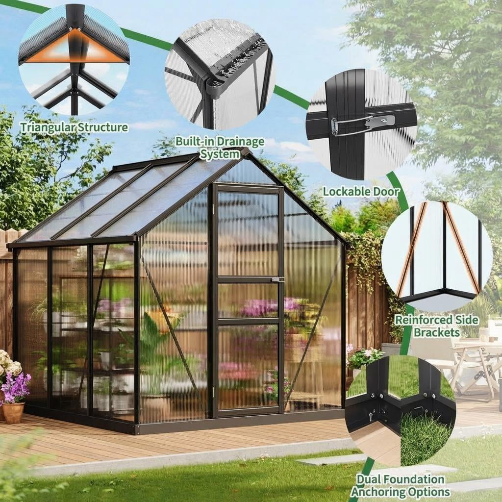 6x6ft Heavy Duty Walk-in Greenhouse, Aluminum Frame & Twin Wall Polycarbonate Panels, Ventilated with Rain Gutter System for Backyard & Patio Gardening