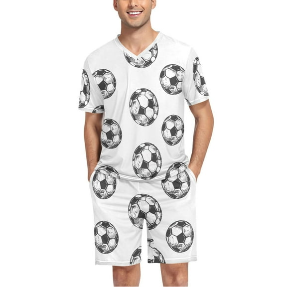 joogoo Men's Pajama Set Soccer Balls Football Pattern V-Neck Pj Shorts Set 2 Piece Loungewear Sleepwear L