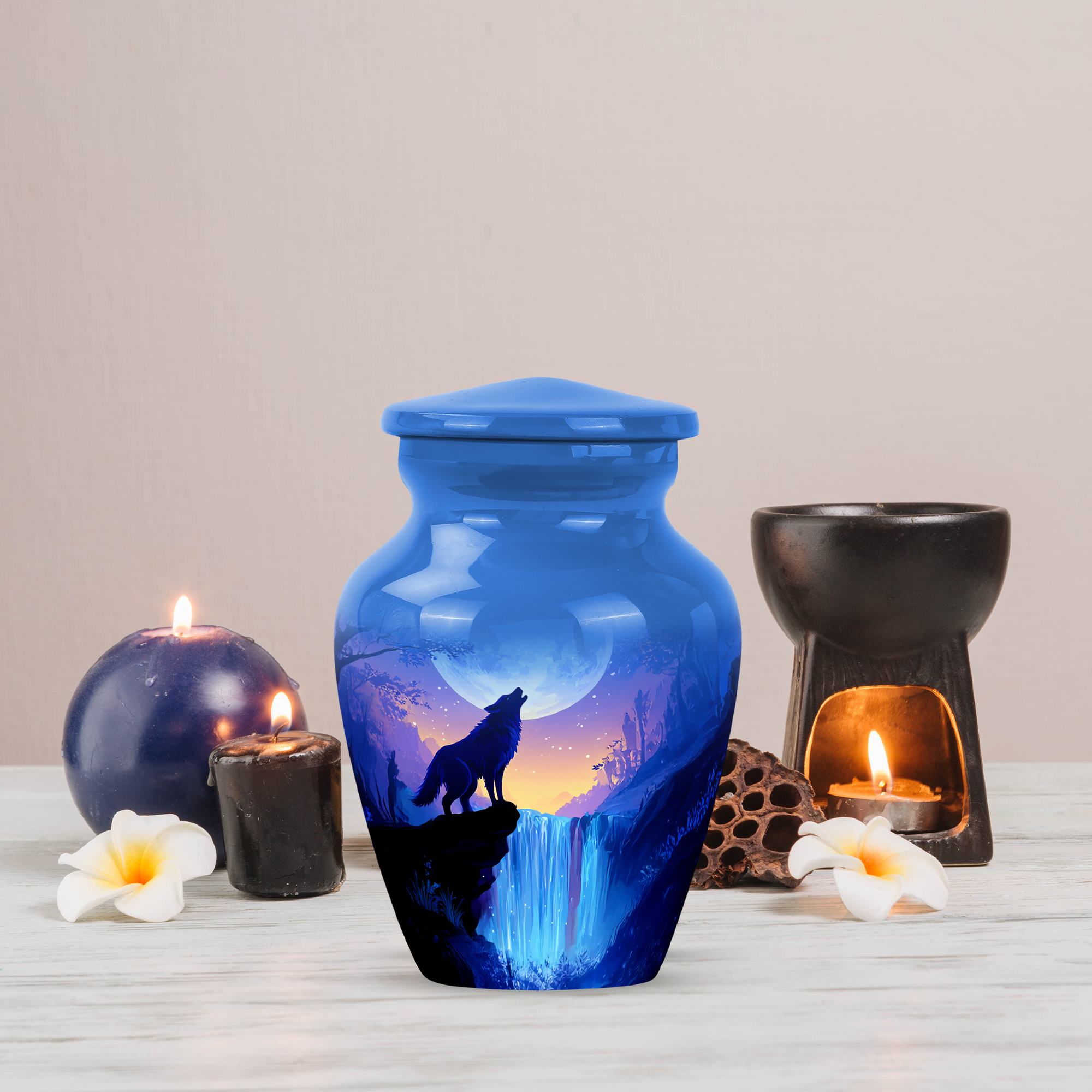 MUKTIVE Waterfall Keepsake Burial Urns for Human Ashes Adult Man, Mini Aqua Blue Burial Urns for Human Ashes Adult Female, Tiny Wolf Urn, Mini Moon Portable Urn for Travel, 3 Inch