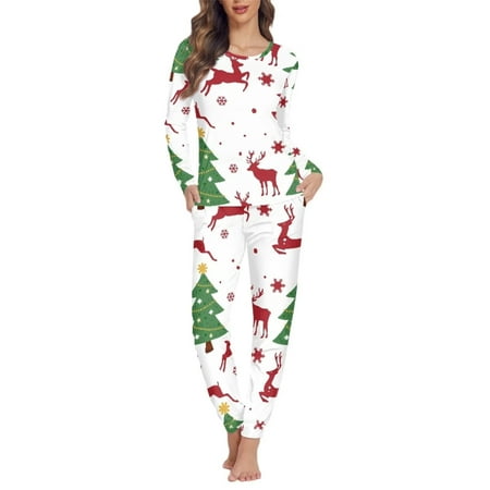 

FKELYI Christmas Tree Women Pj Set Size M Cartoon Reindeer Soft Pajamas for Women 2 PCS Elastic Xmas Long Sleeve Pajamas for Girls