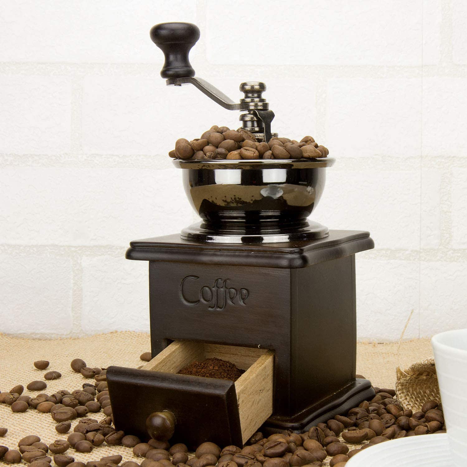 ruanxiangdong Manual Coffee Grinder Hand Coffee Mill Wooden Base with Drawer Coffee Bean Mill Vintage Antique Style Hand Crank