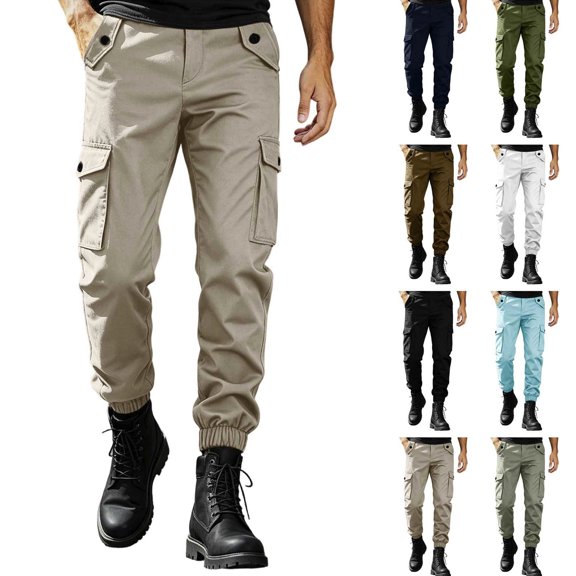 Smsaxvxz Cargo Pants for Men Fashion Elastic Waist Soft Long Joggers Pants Travel Climbing Trousers with Multi Pockets Beige L