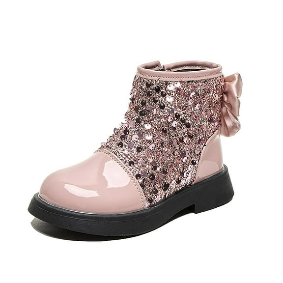 Mepaouo Glitter Ankle Boots for Girls Sequin Soft Waterproof Bow Toddlers Combat Boots(Pink,26)