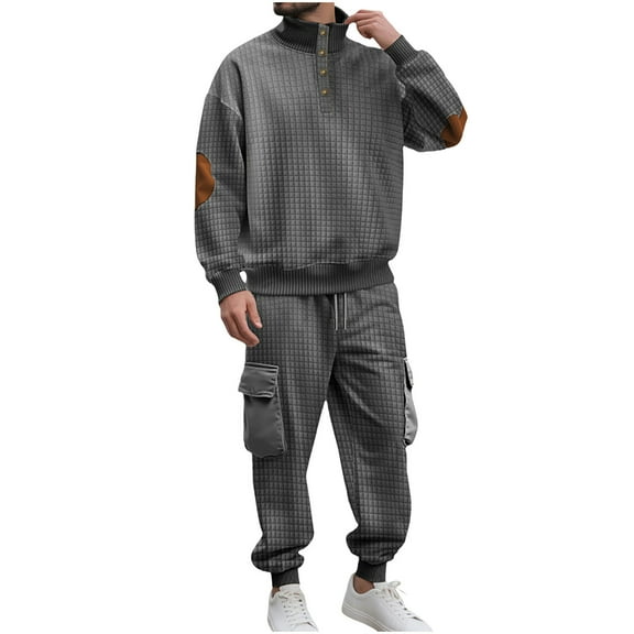 Atogsazn Men's Cargo Set Casual Button Up Long Sleeve Pullover Sweatshirt and Cargo Sweatpant Outfit Fall Clothing Dark Gray L Fashion