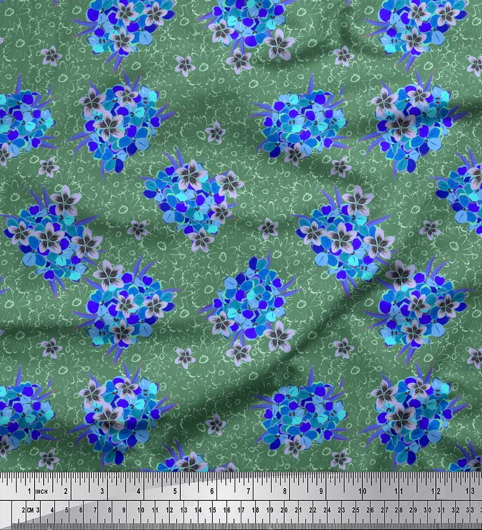 Soimoi Green Cotton Duck Fabric Aster & Lavender Blue Flower Floral
