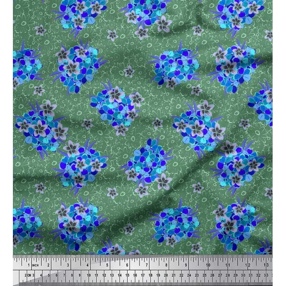 Soimoi Green Cotton Duck Fabric Aster & Lavender Blue Flower Floral Print Fabric by the Yard 42 Inch Wide