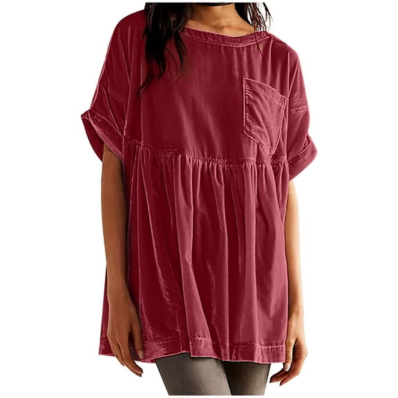 Besolor Women's Crew Neck Velvet Top Short Sleeve Cute Pleated Babydoll T-Shirt Comfy Summer Shirts with Chest Pocket Wine 1
