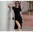 thumbnail image 1 of VISgogo - Vestido midi de verano para mujer, color negro, manga corta, cuello redondo, lado dividido, hasta la rodilla VISgogo  moda, 1 of 2
