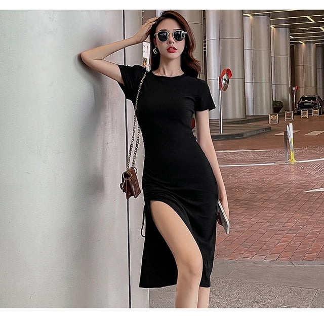 VISgogo - Vestido midi de verano para mujer, color negro, manga corta, cuello redondo, lado dividido, hasta la rodilla VISgogo moda