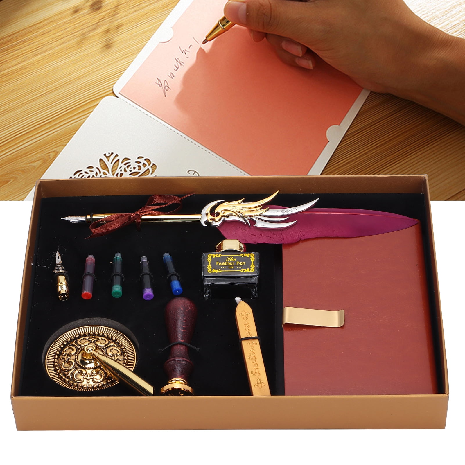 Riousery Dip Calligraphy Pen Set Feather Ink Sac Fountain Pen Gift Box Kit with Lacquer Stamp Tool Wine Red SP139006