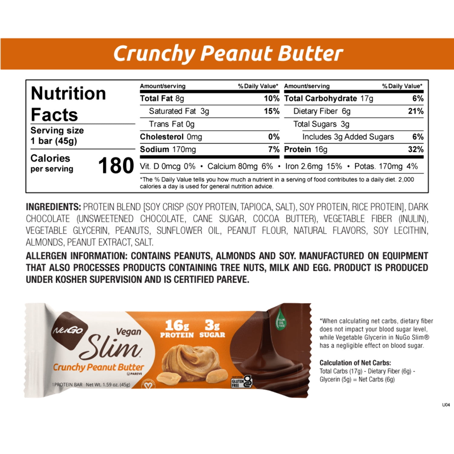 NuGo Slim Dark Chocolate Crunchy Peanut Butter, 17g Vegan Protein, 3g Sugar, 7g Fiber, 180 Calories, Low Net Carbs, Gluten Free, 24 Count