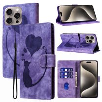 Compatible with iPhone 13 Pro Case Wallet Case with Kickstand Credit Card Holder Slot,Cute Cat & Love Heart Embossed Cover,Magnetic Closure Wrist Strap Luxury PU Leather Case,Purple
