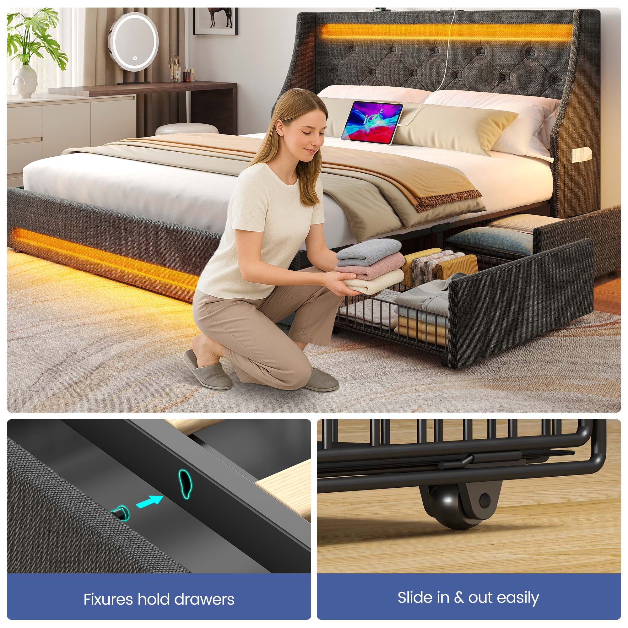 Greenstell Smart Charging Storage Bed Frame - 900lbs Capacity Noise-Free, Full, Dark Gray