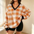 thumbnail image 4 of Manzbdm Women's Fleece Plaid Sweatshirt Long Sleeve V Neck Fuzzy Pullover Top, 4 of 5
