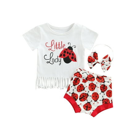 

Calsunbaby Toddler Baby Girls Shorts Sets Cow Bee Print Tasseled T-shirt + Elastic Waist Shorts + Bowknot Hairband Red White Bee 6-9 Months