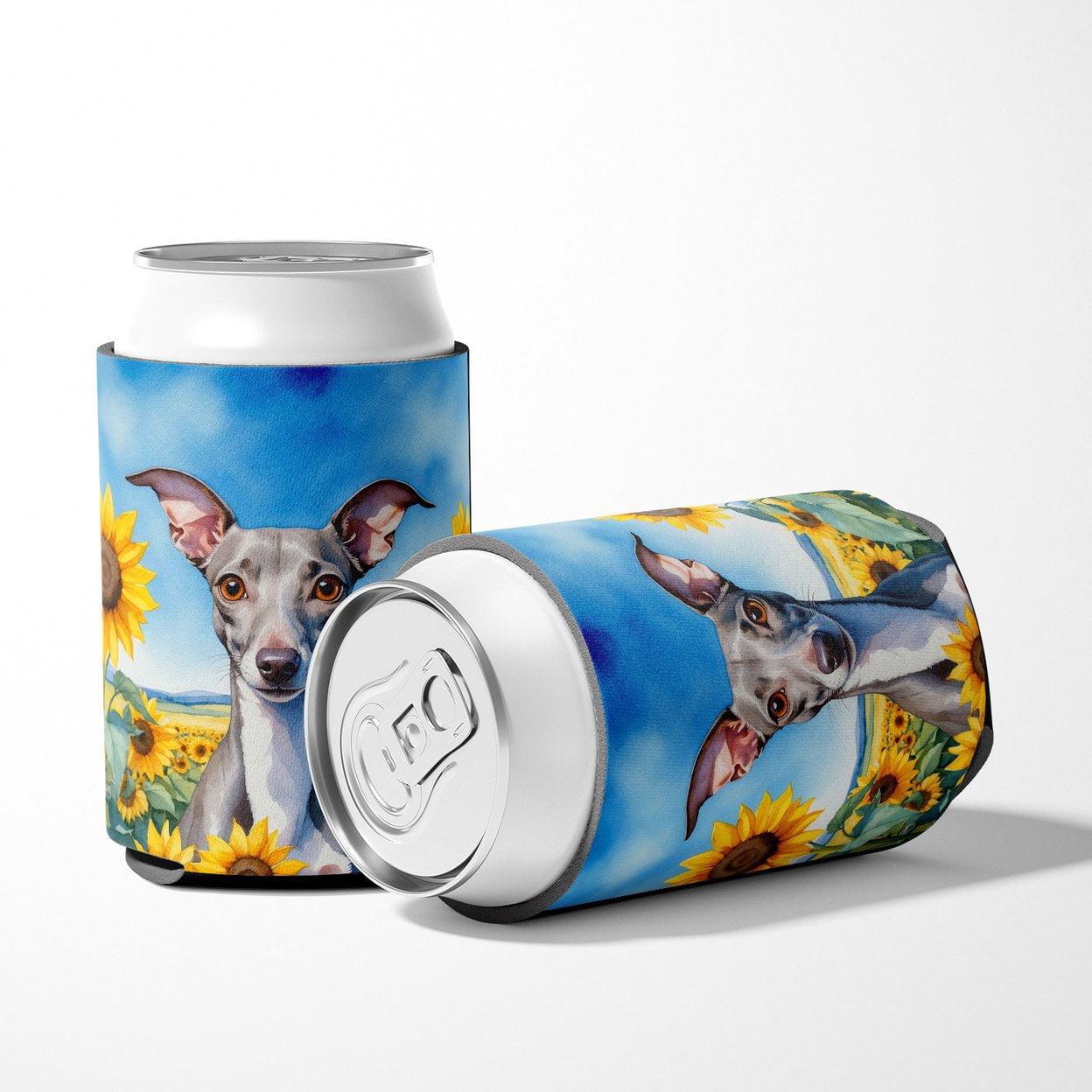 Italian Greyhound in Sunflowers Can or Bottle Hugger 3 in x 5 in