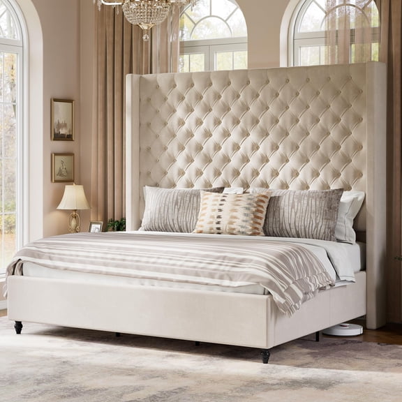 VanAcc Queen Size Bed Frame with 63" Tall Headboard, Upholstered Wingback Platform Design, Solid Wood Legs, Cream