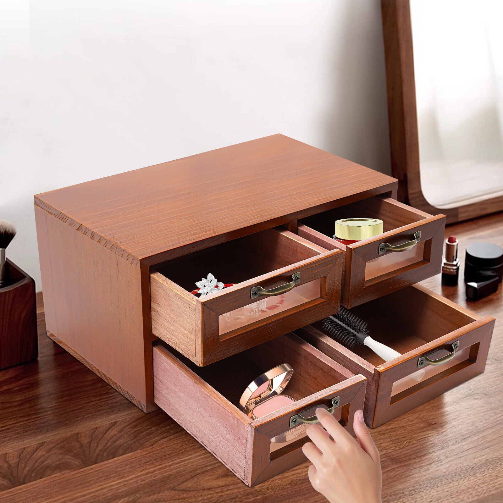 Desk Organizer with Drawers Wooden Desktop Storage Cabinet Storage Box 4 Drawer