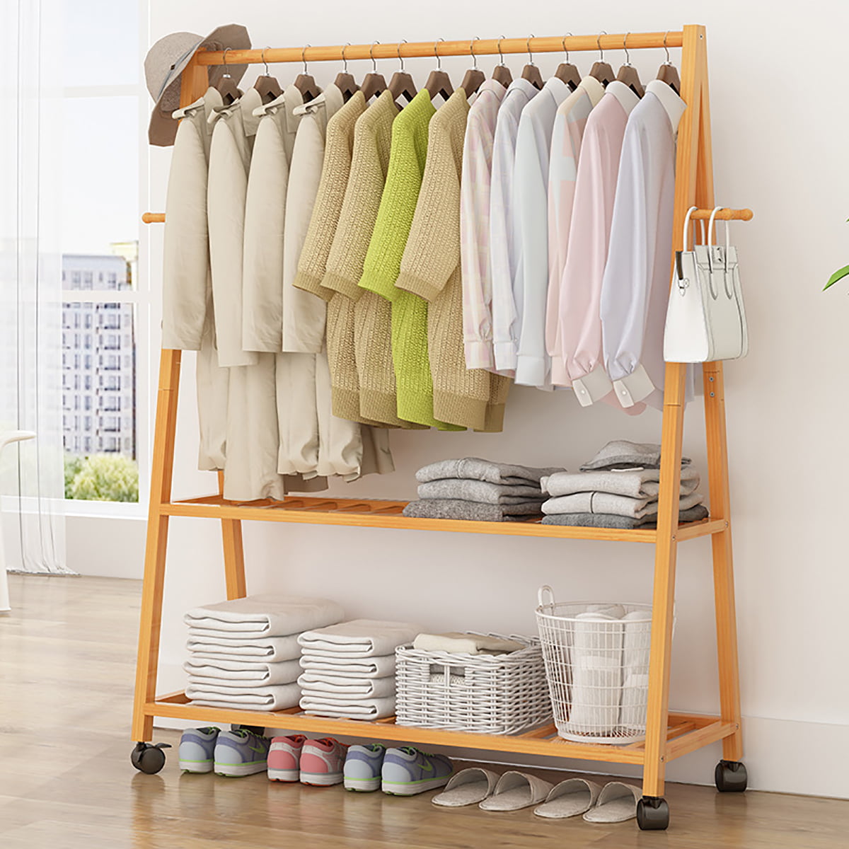 Wood Clothes Rack On Wheels Rolling Garment Rack With Tier Storage | My ...