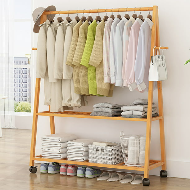 2tier bamboo clothes rack storage shelves with side hooks easy to assemble heavy duty garment rack with wheels hanger shelf closet organizer