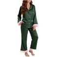 thumbnail image 2 of ylioge Womens Satin Pajama Sets with Pockets 2 Piece Sleepwear Outfits Trendy Solid Color Long Sleeve Shirts Straight Leg Pants Homewear Pajamas Set, 2 of 3