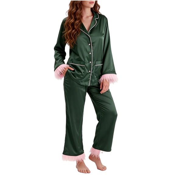Yangnuo Women's Casual Velvet Fur Trim Collared Long-Sleeve Pajama Set Women's Casual Solid Color Long Sleeved Lapel Set Casual Top Pants Pajama Set