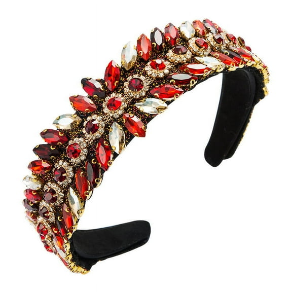 Baroque Headband Rhinestone Crystal Jeweled Embellished Wide Padded Hair Band Hair Hoop Wedding Headpiece Headdress Hair Accessories for Women (red)