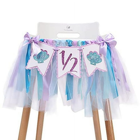 WAHAWU Mermaid Tutu High Chair Banner - 1/2 Birthday Gifts for Baby Girl , Glitter Purple Shell Birthday Party Decorations , Baby Shower Birthday Banner , Photo Decoration Props