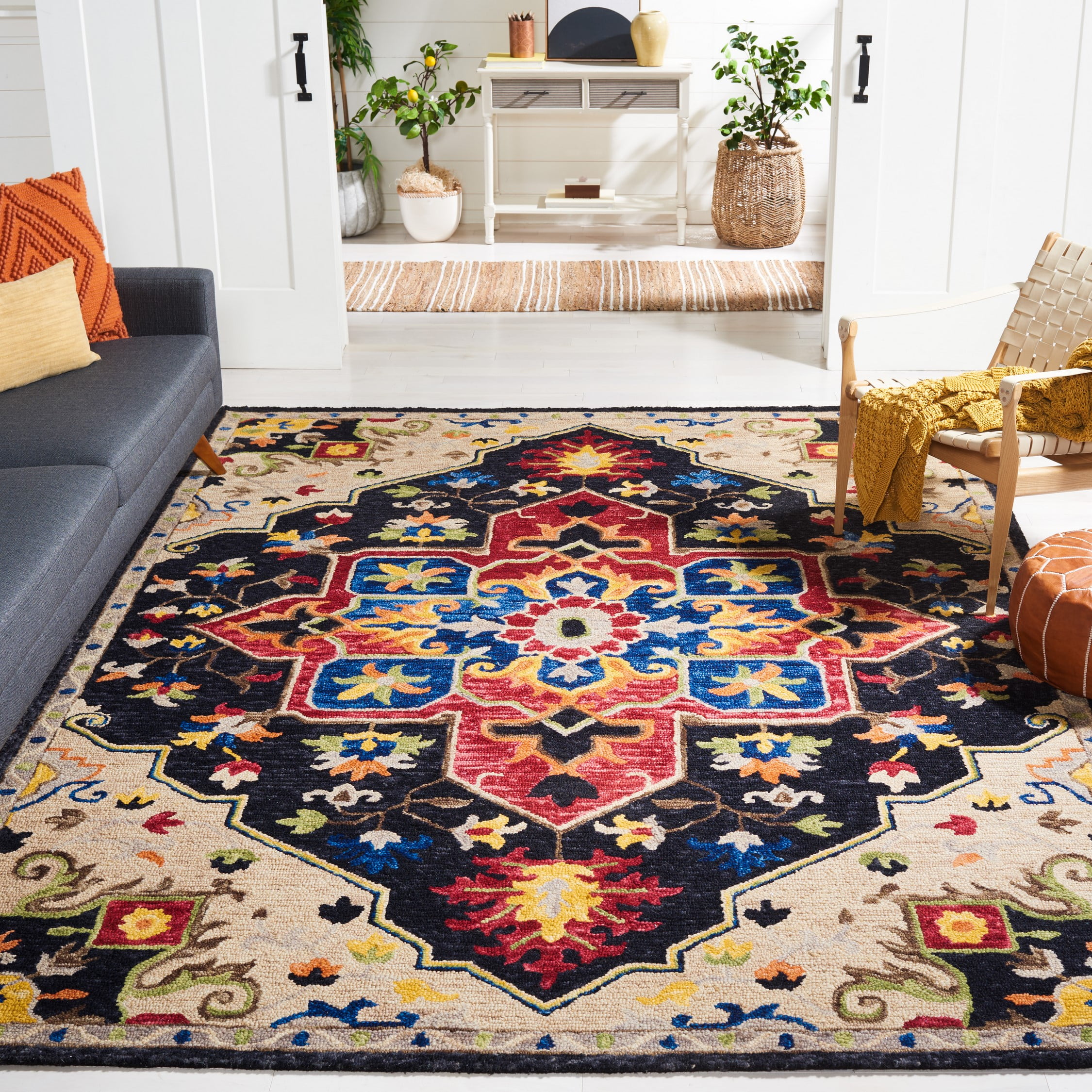 SAFAVIEH Aspen Ellie Floral Bordered Wool Area Rug, Charcoal/Cream, 11' x 15'