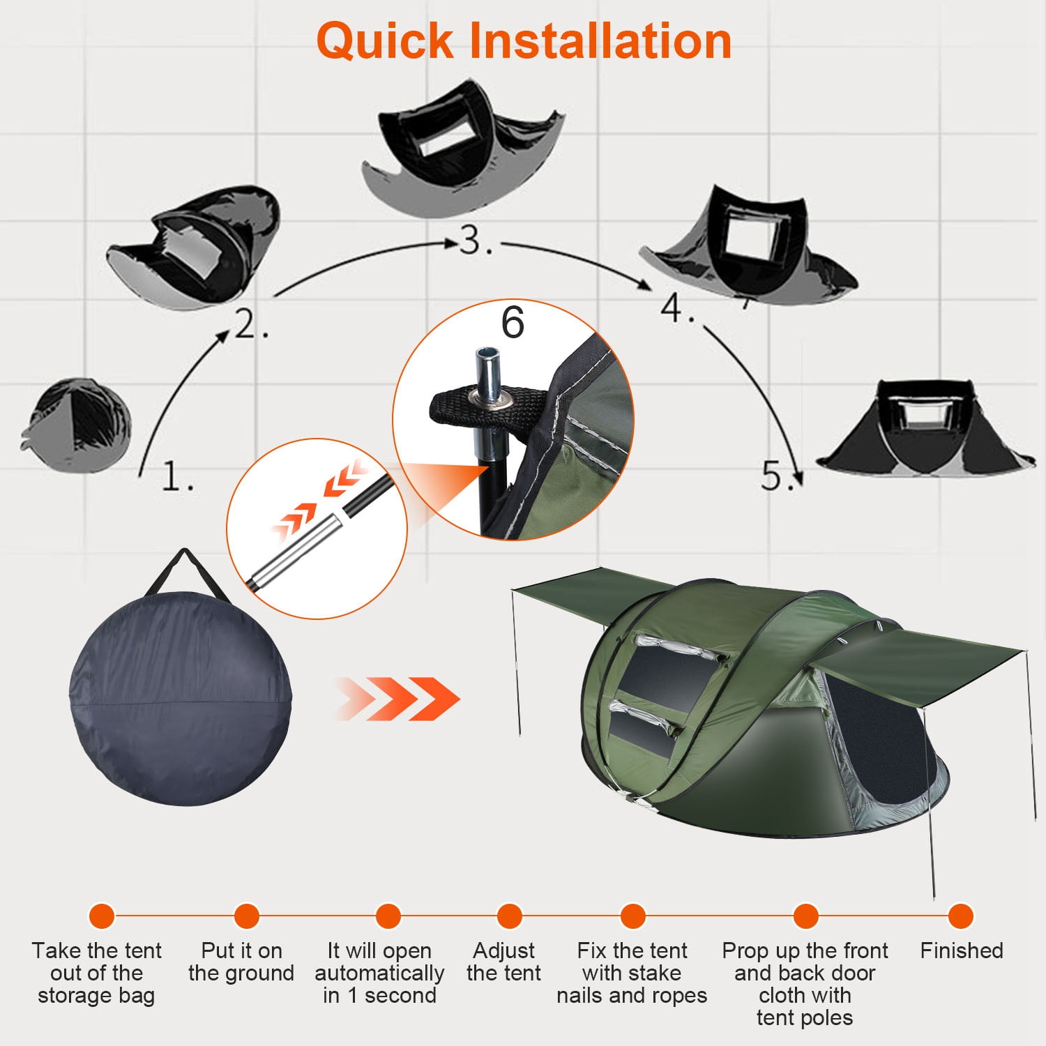 Pop up Camping Tent for 4-5 Person Tent Waterproof Instant Easy Setup Family Tent with 4 Tent Poles for Camping Hiking Climbing Traveling Khaki