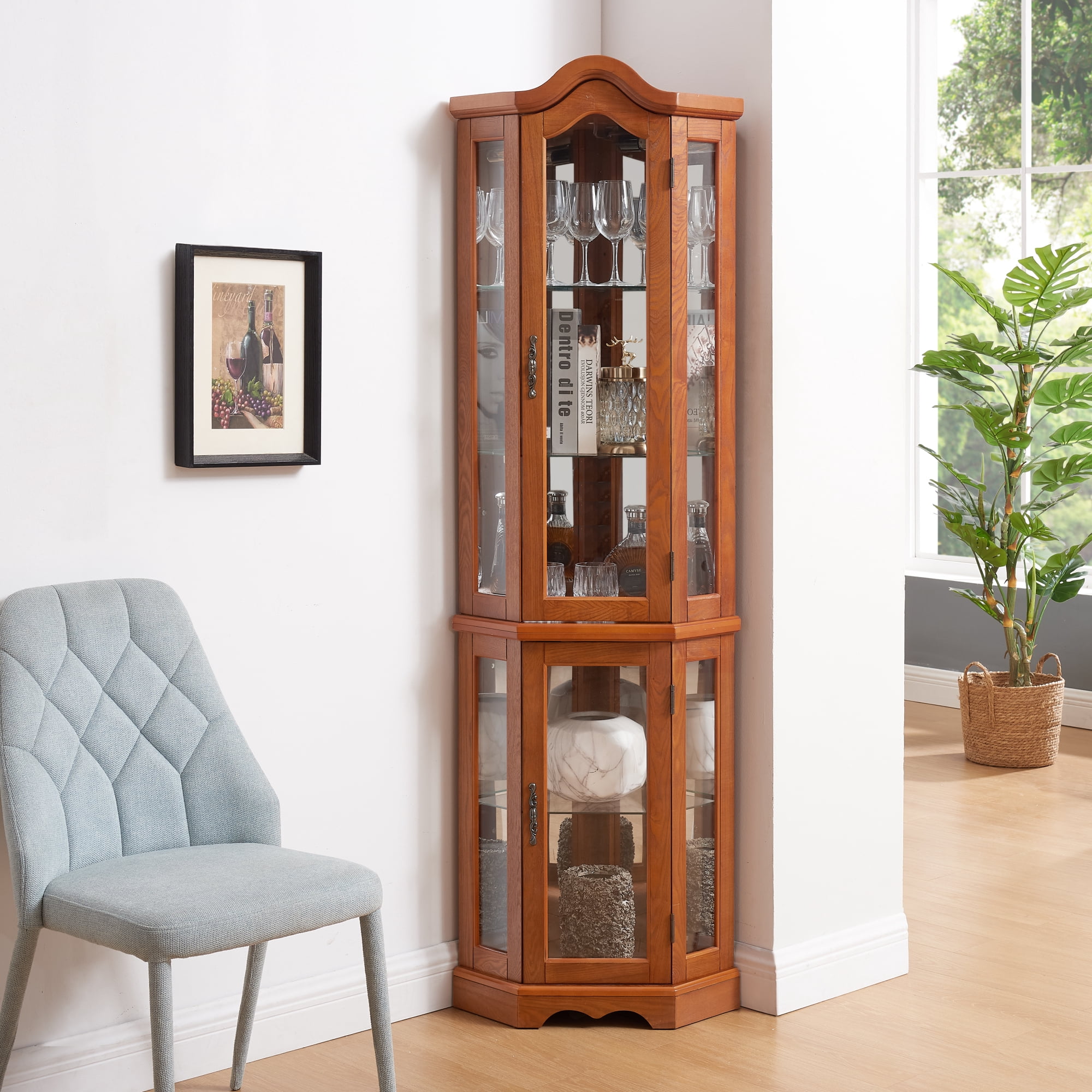 Leumius Curio Cabinet Lighted Glass Display Curio Cabinet with Tempered Glass Doors and Shelves, Crown Corner Cabinet with Bulb, Corner Storage Decoration for Living Room and Bedroom Oak