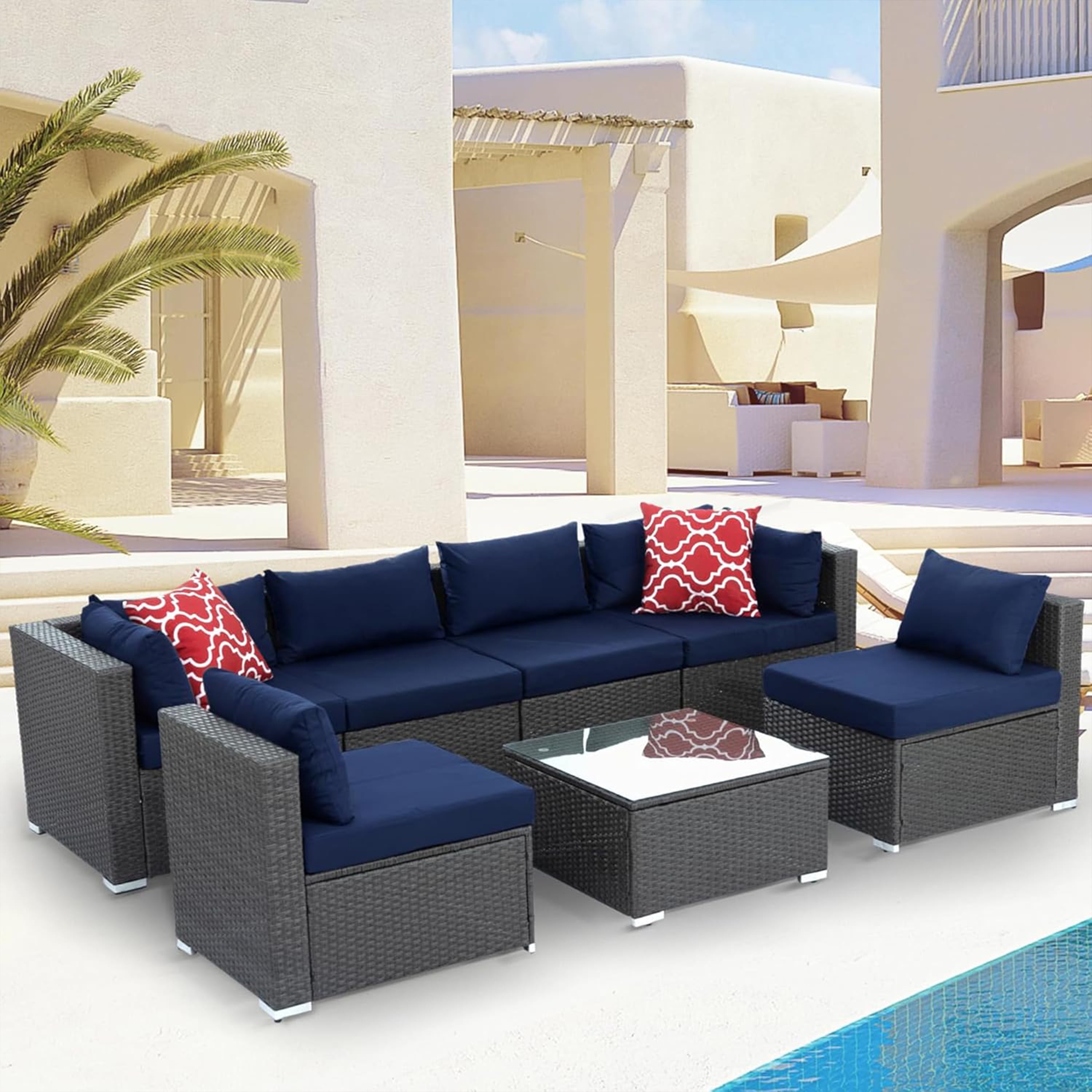 Furnibear 7 Pieces Outdoor Patio Sectional Sofa Couch, Black Wicker Patio Furniture Conversation Sets with Washable Cushions & Glass Coffee Table for Garden, Poolside, Backyard