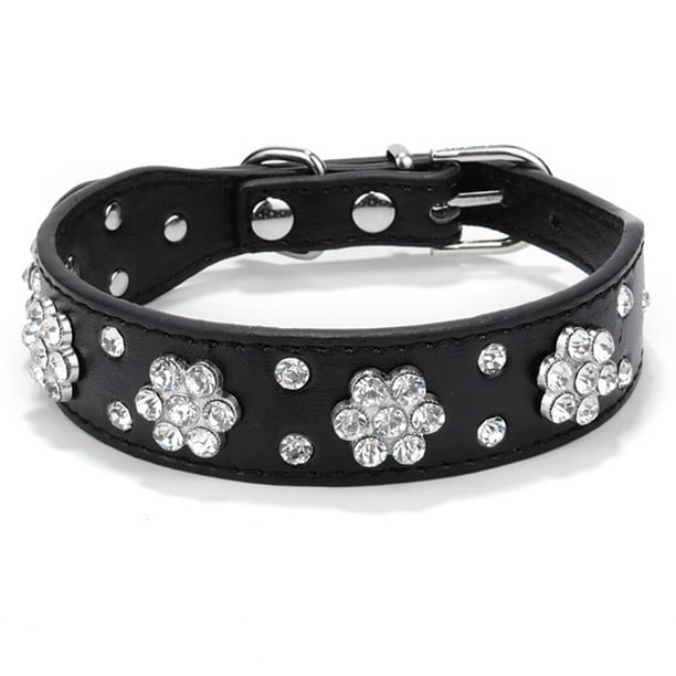 Collar de perro con diamantes de imitación florales con incrustaciones de diamantes de cristal brillantes de cuero