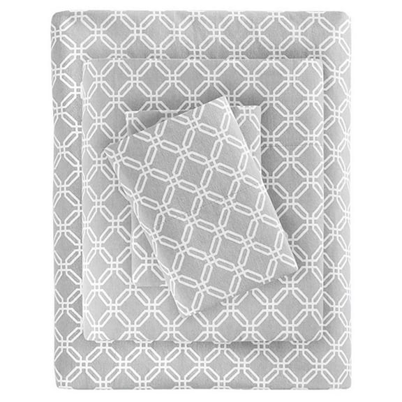 Pemberly Row Contemporary Cotton Flannel Printed Sheet Set in Gray Geo